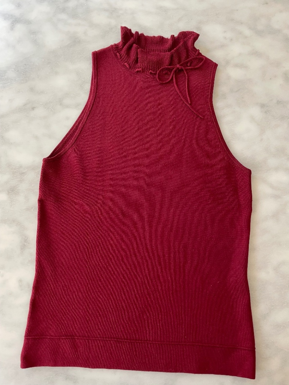 Urchin Silk Blend Ruffle Mock Neck Sleeveless Knit Top Dark Red Wine S